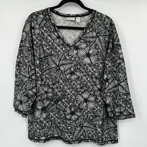 Weekends by Chicos Black White‎ Geometric Floral V Neck 3/4 Sleeve Top Size 3 XL